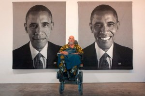 Chuck Close with the tapestries he created of President Obama. CC licensed photo via Flickr. 