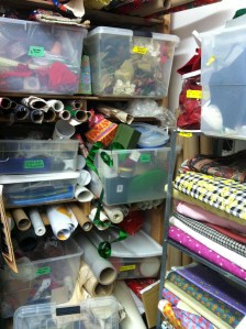 Boxes of trims and bolts of fabric. 