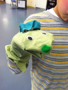 There were no socks, so this student created the same shape with folded fabric and gave him a jingle bell hat!