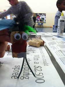Crazy hair added to a cork with electrical wire legs makes a fun character. 