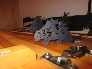 Finished puppets mounted on their rods with velcro, waiting to perform. 